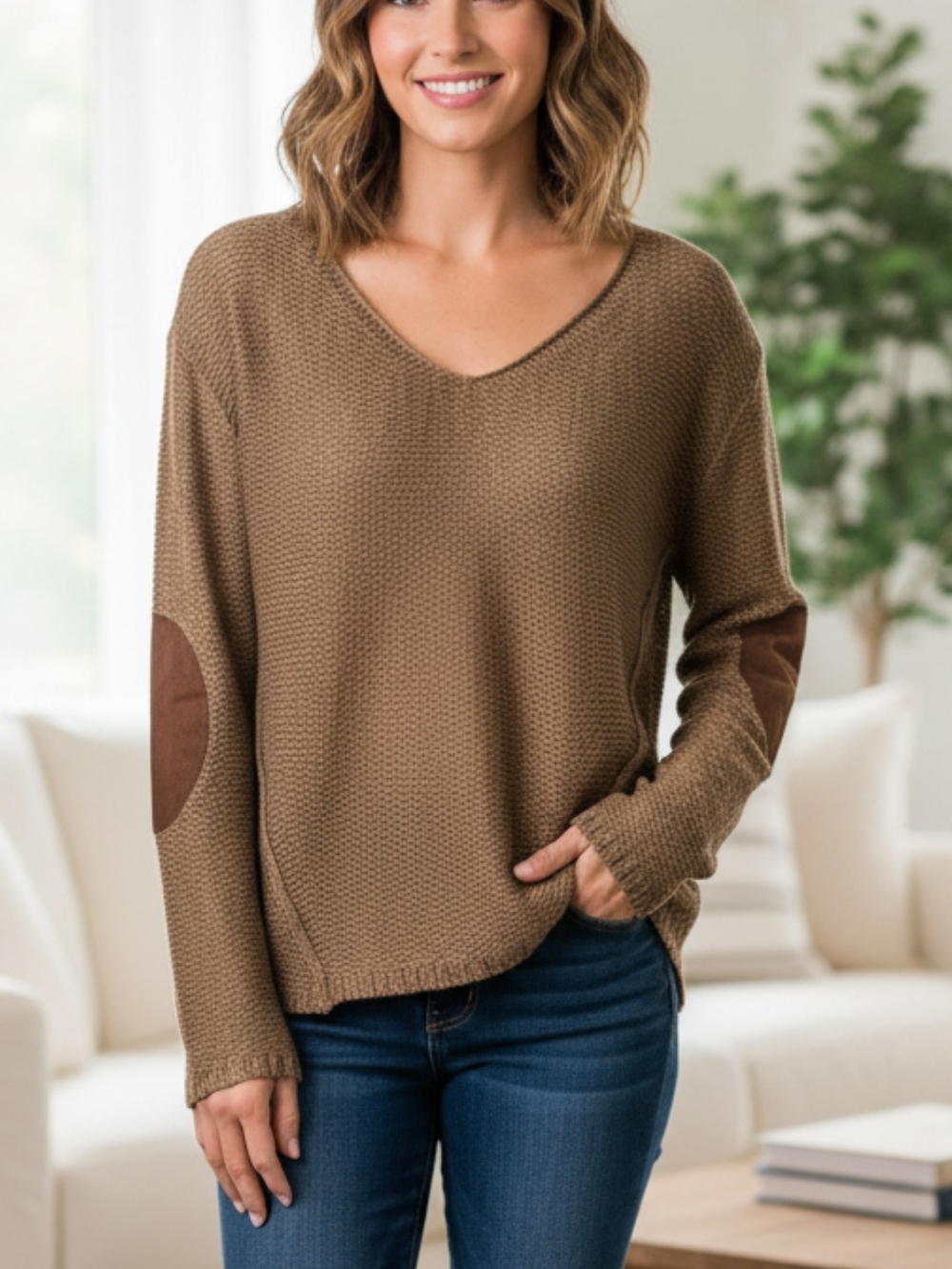 RD Style Women's V-Neck Textured Sweater in Taupe with Brown Elbow Patches